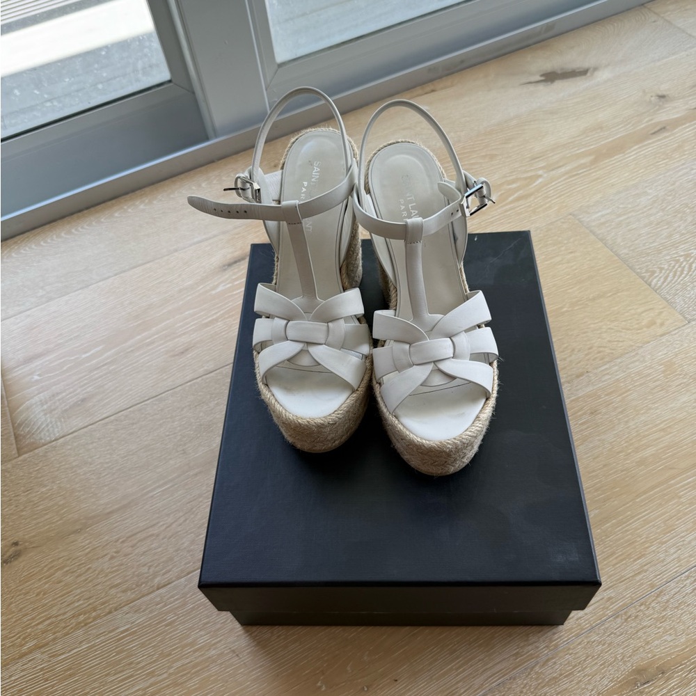 Saint Laurent White Espadrille Wedge Sandals